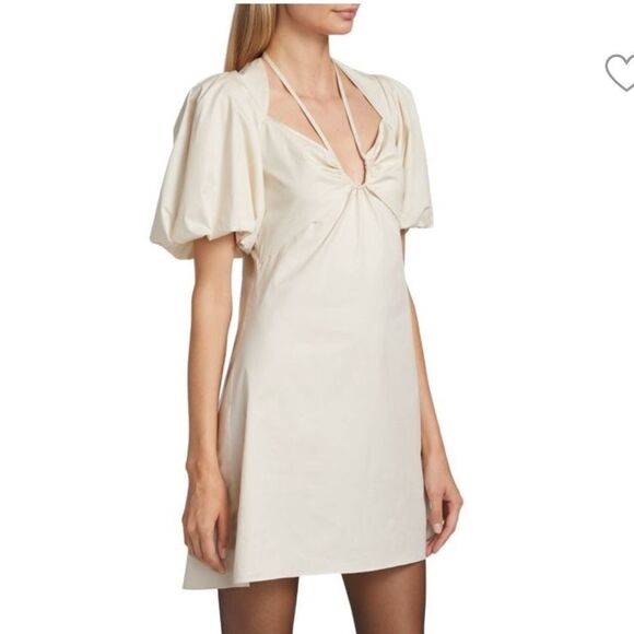 NWT FRAME Tie-Neck & Puff-Sleeve Minidress Tan XS - Picture 1 of 14